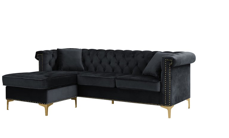 Levin Left Hand Facing Sectional Sofa L Shape Chaise Velvet Button Tufted Rolled Arm With Gold Nail Head Trim Gold Tone Metal Y-Leg