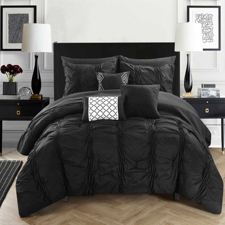 Luna 10 Piece Comforter Bed In A Bag Ruffled Pinch Pleat Embellished Design Complete Bedding Set - Black