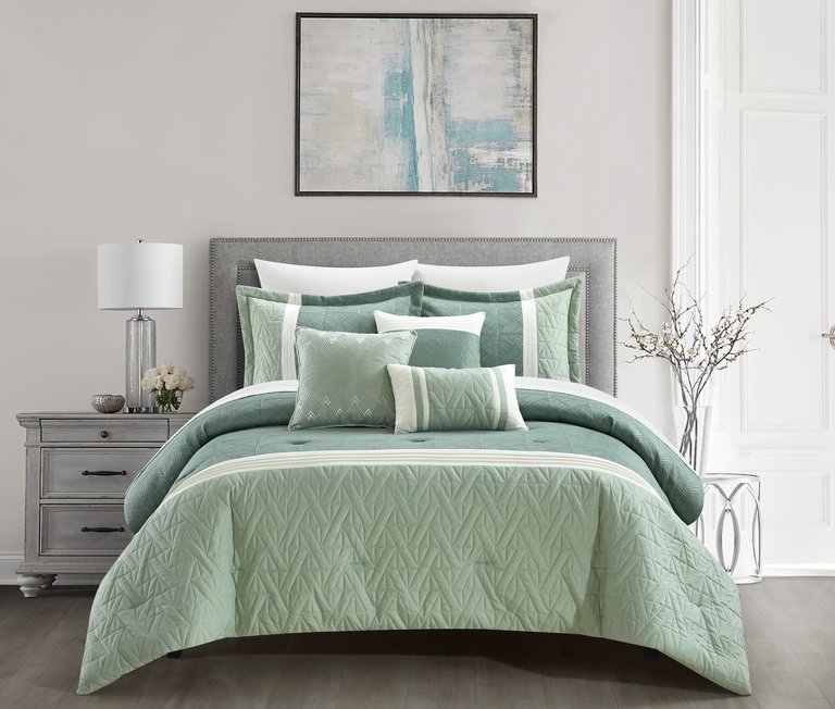 Macie 10 Piece Comforter Set Jacquard Woven Geometric Design Pleated Quilted Details Bed In A Bag Bedding - Green