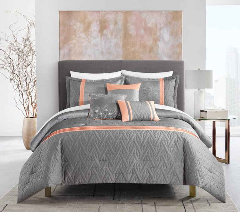 Macie 10 Piece Comforter Set Jacquard Woven Geometric Design Pleated Quilted Details Bed In A Bag Bedding - Grey