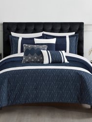 Macie 10 Piece Comforter Set Jacquard Woven Geometric Design Pleated Quilted Details Bed In A Bag Bedding - Navy