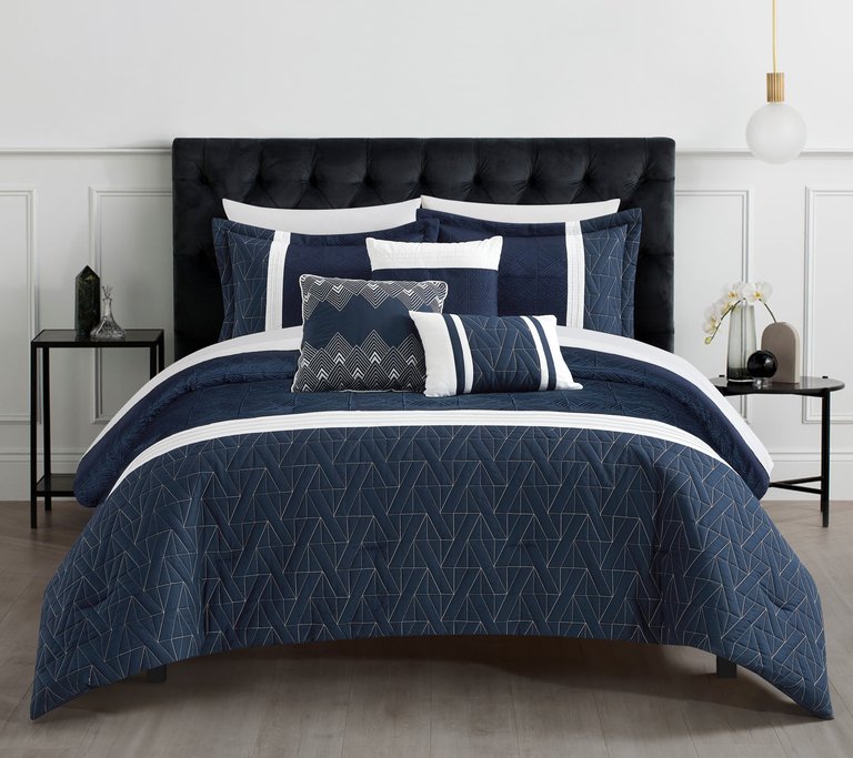Macie 10 Piece Comforter Set Jacquard Woven Geometric Design Pleated Quilted Details Bed In A Bag Bedding - Navy