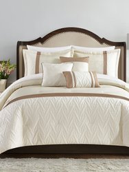 Macie 10 Piece Comforter Set Jacquard Woven Geometric Design Pleated Quilted Details Bed In A Bag Bedding - Beige