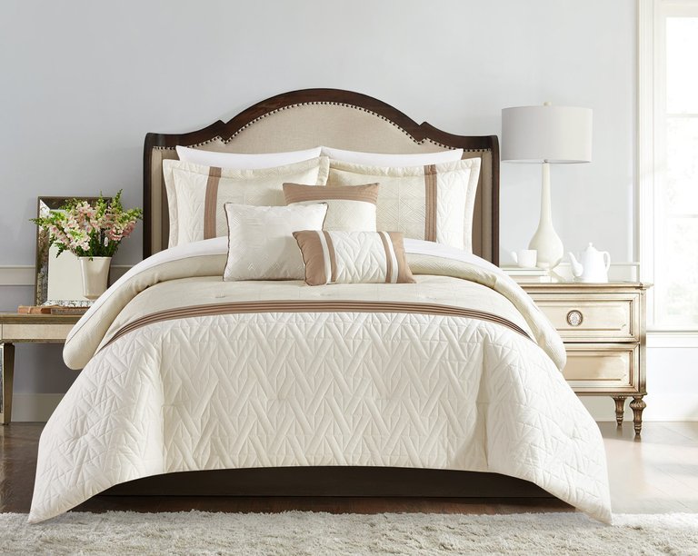Macie 10 Piece Comforter Set Jacquard Woven Geometric Design Pleated Quilted Details Bed In A Bag Bedding - Beige