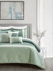 Macie 6 Piece Comforter Set Jacquard Woven Geometric Design Pleated Quilted Details Bedding - Green