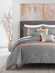 Macie 6 Piece Comforter Set Jacquard Woven Geometric Design Pleated Quilted Details Bedding - Grey