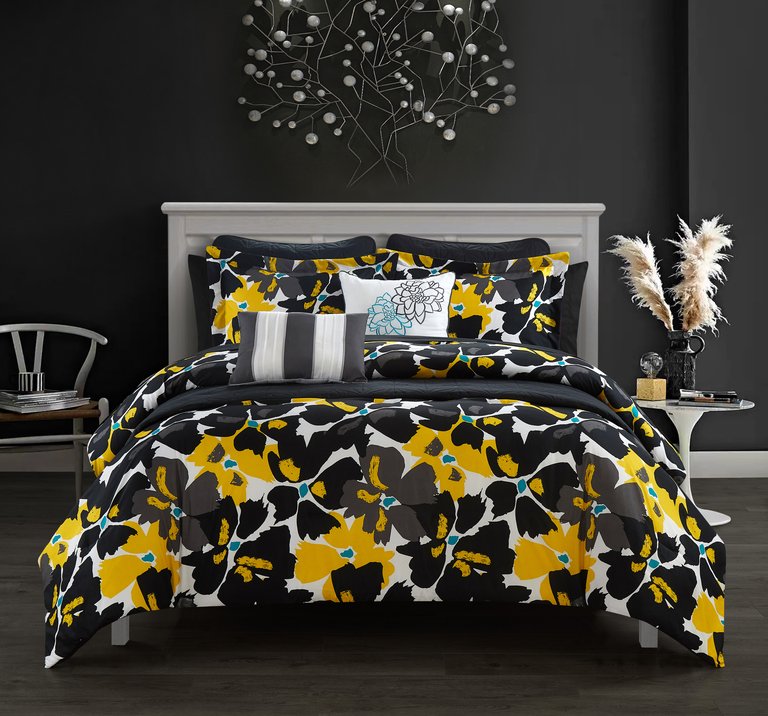 Malea 9 Piece Comforter And Quilt Set Contemporary Floral Print Bed In A Bag - Black