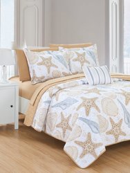 Maritime 4 Piece Reversible Quilt Coverlet Set "Life in the Sea" Theme Embossed Quilted Design Bedding