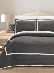 Marla 3 Piece Quilt Cover Set Hotel Collection Two Tone Banded Geometric Embroidered Quilted Bedding - Grey