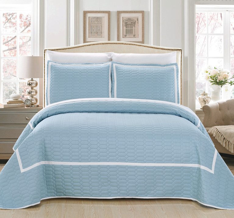 Marla 3 Piece Quilt Cover Set Hotel Collection Two Tone Banded Geometric Embroidered Quilted Bedding - Blue