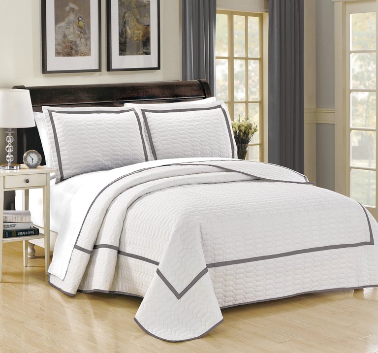 Marla 3 Piece Quilt Cover Set Hotel Collection Two Tone Banded Geometric Embroidered Quilted Bedding