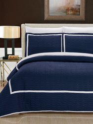 Marla 3 Piece Quilt Cover Set Hotel Collection Two Tone Banded Geometric Embroidered Quilted Bedding - Navy
