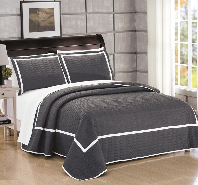 Marla 3 Piece Quilt Cover Set Hotel Collection Two Tone Banded Geometric Embroidered Quilted Bedding