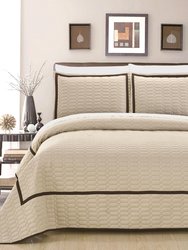 Marla 3 Piece Quilt Cover Set Hotel Collection Two Tone Banded Geometric Embroidered Quilted Bedding - Beige