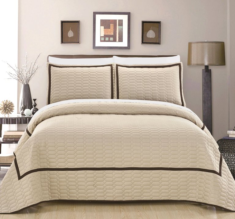 Marla 3 Piece Quilt Cover Set Hotel Collection Two Tone Banded Geometric Embroidered Quilted Bedding - Beige