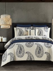 Mckenna 12 Piece Comforter And Quilt Set Contemporary Two-Tone Paisley Print Bed In A Bag - Navy