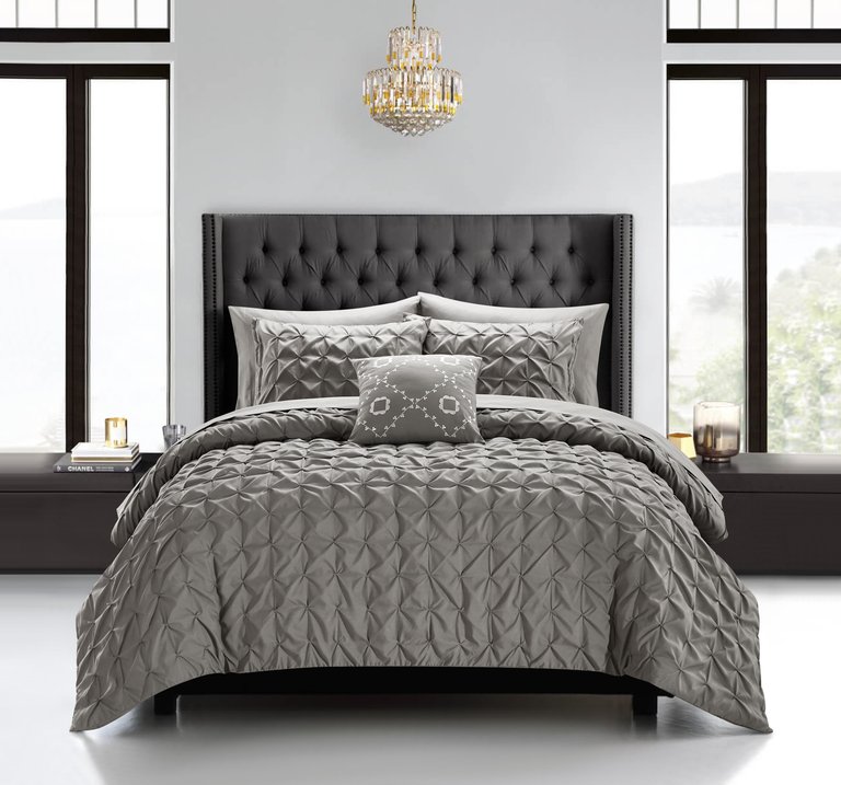 Mercer 6 Piece Comforter Set Pinch Pleat Box Design Bed In A Bag Bedding - Sheet Set - Grey