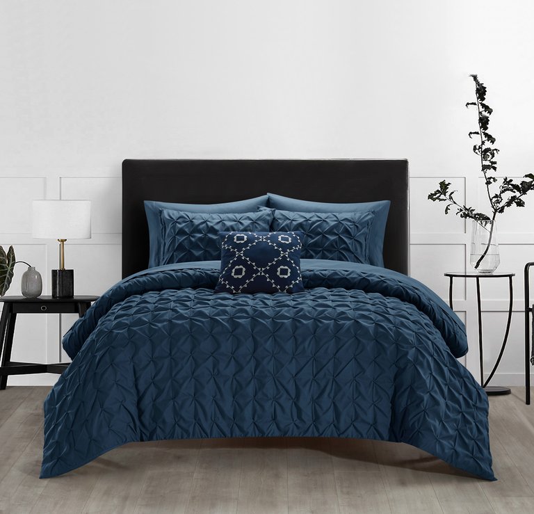 Mercer 6 Piece Comforter Set Pinch Pleat Box Design Bed In A Bag Bedding - Sheet Set - Navy