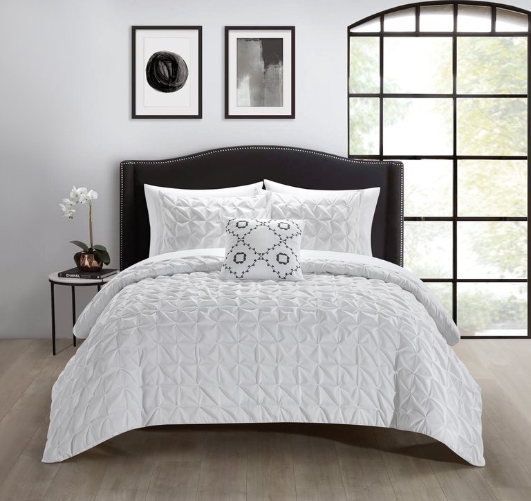 Mercer 6 Piece Comforter Set Pinch Pleat Box Design Bed In A Bag Bedding - Sheet Set - White