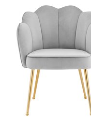 Mia Rose Dining Side Chair Velvet Upholstery Scalloped Clamshell Back Gold Plated Solid Metal Legs - 1 Piece - Silver
