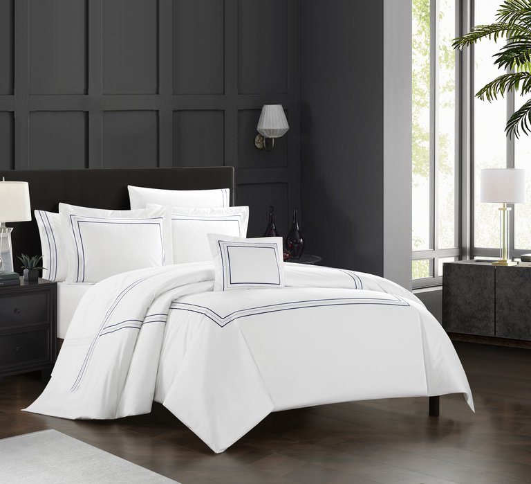 Milos 4 Piece Cotton Comforter Set Solid White With Dual Stripe Embroidered Border Hotel Collection Bedding