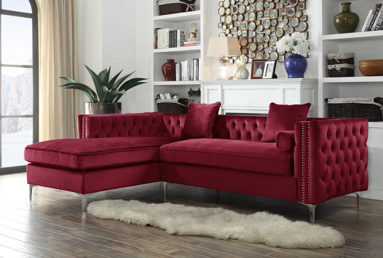 Monet Velvet Modern Contemporary Button Tufted With Silver Nailhead Trim Silvertone Metal Y-leg Left Facing Sectional Sofa - Red