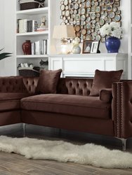 Monet Velvet Modern Contemporary Button Tufted With Silver Nailhead Trim Silvertone Metal Y-leg Left Facing Sectional Sofa - Brown