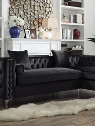 Monet Velvet Modern Contemporary Button Tufted With Silver Nailhead Trim Silvertone Metal Y-leg Right Facing Sectional Sofa - Black