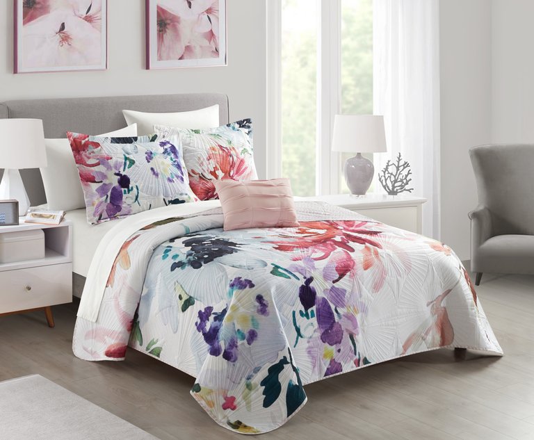 Monte Palace 6 Piece Reversible Quilt Set Floral Watercolor Design Bed In A Bag Bedding