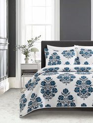 Morris 5 Piece Quilt Set Large Scale Floral Medallion Print Design Bed In A Bag Bedding - Blue