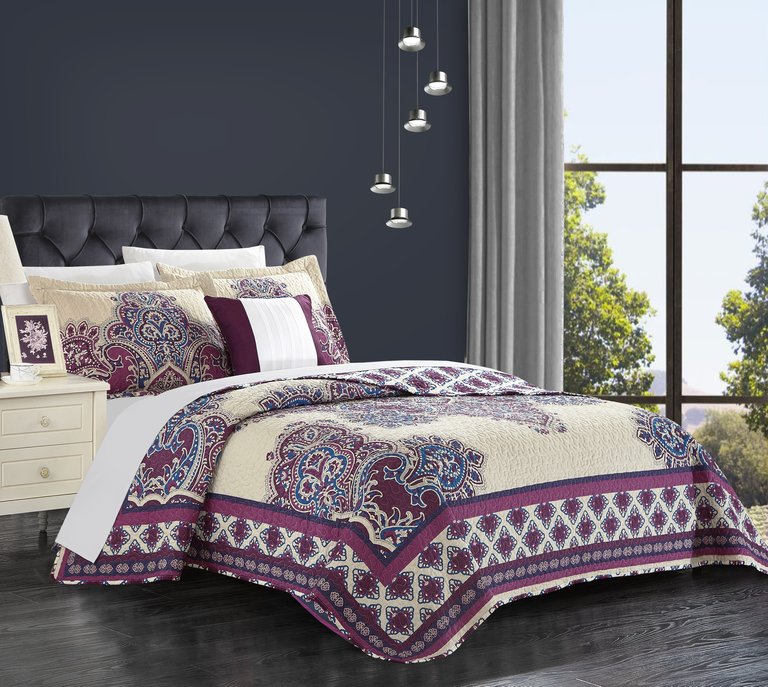 Muraqqa 4 Piece Reversible Quilt Cover Set 100% Cotton Bohemian Inspired Vintage Panel Frame Geometric Pattern Print Bedding - Purple