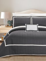 Nero 6 Piece Quilt Cover Set Hotel Collection Two Tone Banded Geometric Embroidered Quilted Bed In A Bag Bedding - Grey