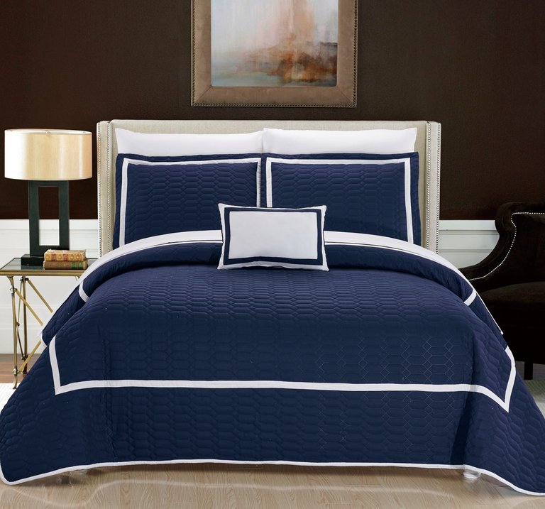 Nero 6 Piece Quilt Cover Set Hotel Collection Two Tone Banded Geometric Embroidered Quilted Bed In A Bag Bedding - Navy