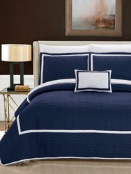 Nero 8 Piece Quilt Cover Set Hotel Collection Two Tone Banded Geometric Embroidered Quilted Bed In A Bag Bedding - Navy