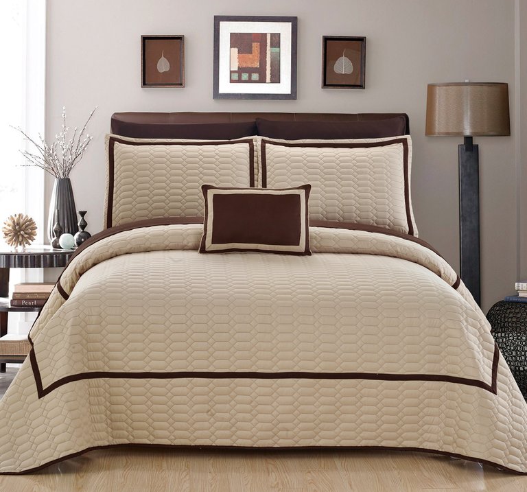 Nero 8 Piece Quilt Cover Set Hotel Collection Two Tone Banded Geometric Embroidered Quilted Bed In A Bag Bedding - Beige