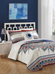 Nolina 4 Piece Reversible Quilt Cover Set 100% Cotton Bohemian Inspired Contemporary Panel Frame Geometric Pattern Print Bedding - Blue