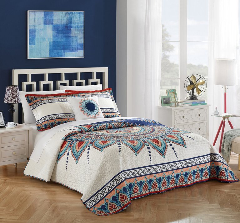 Nolina 4 Piece Reversible Quilt Cover Set 100% Cotton Bohemian Inspired Contemporary Panel Frame Geometric Pattern Print Bedding - Blue