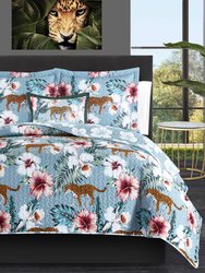 Orithia 3 Piece Reversible Quilt Set Tropical Floral Leopard Print Bedding - Blue