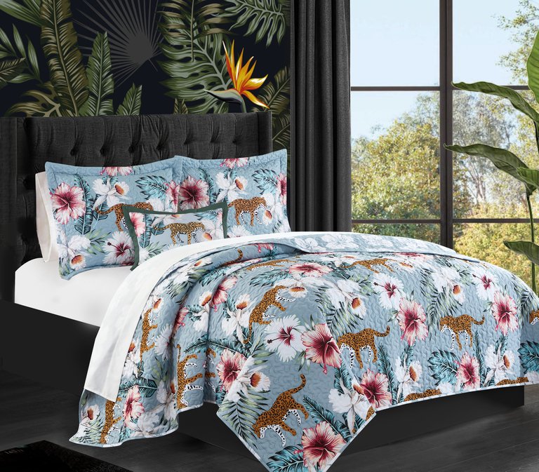 Orithia 4 Piece Reversible Quilt Set Tropical Floral Leopard Print Bedding