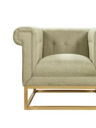 Palmira Accent Club Chair Button Tufted Linen-Textured Plush Cushion Brass Finished Brushed Metal Base Frame, Modern Transitional