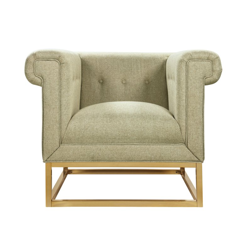 Palmira Accent Club Chair Button Tufted Linen-Textured Plush Cushion Brass Finished Brushed Metal Base Frame, Modern Transitional