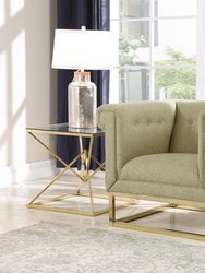 Palmira Accent Club Chair Button Tufted Linen-Textured Plush Cushion Brass Finished Brushed Metal Base Frame, Modern Transitional