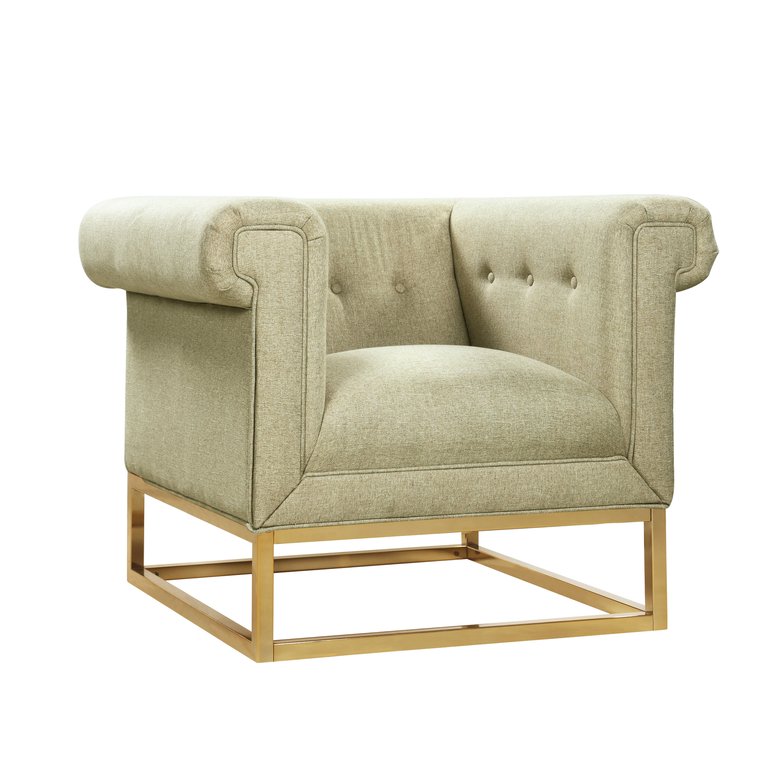 Palmira Accent Club Chair Button Tufted Linen-Textured Plush Cushion Brass Finished Brushed Metal Base Frame, Modern Transitional - Beige