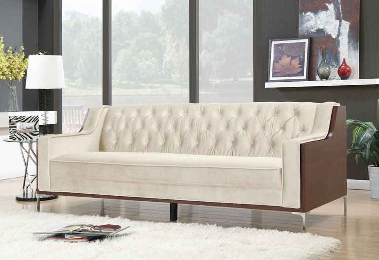 Parker Club Sofa Button Tufted Velvet Wood Frame With Polished Metal Legs Couch, Modern Contemporary - Cream