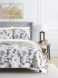 Parson Green 2 Piece Quilt Set Reversible Watercolor Floral Print Striped Pattern Design Bedding - Green