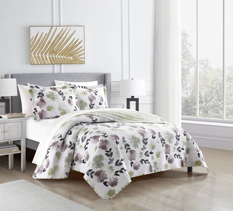 Parson Green 2 Piece Quilt Set Reversible Watercolor Floral Print Striped Pattern Design Bedding