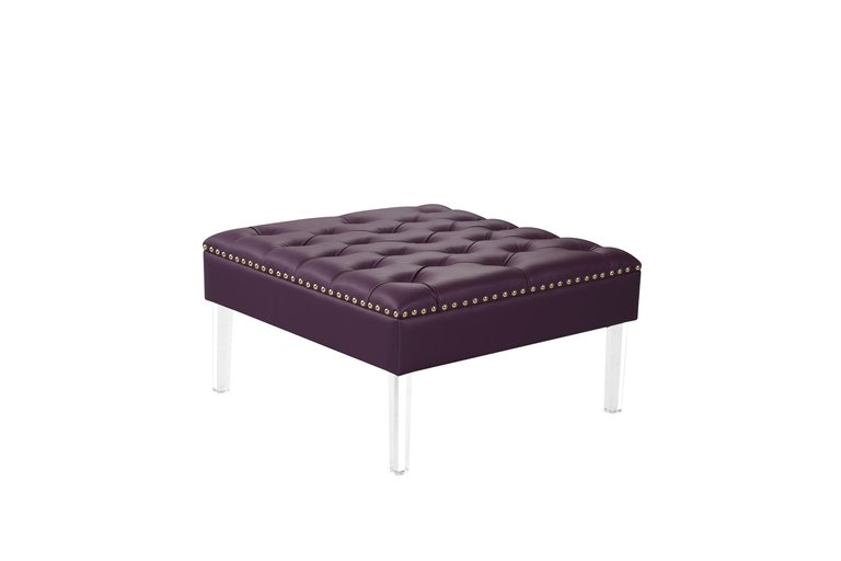Pierre Square Ottoman Center Table Button Tufted PU Leather Upholstered Acrylic Legs, Modern Transitional - Purple