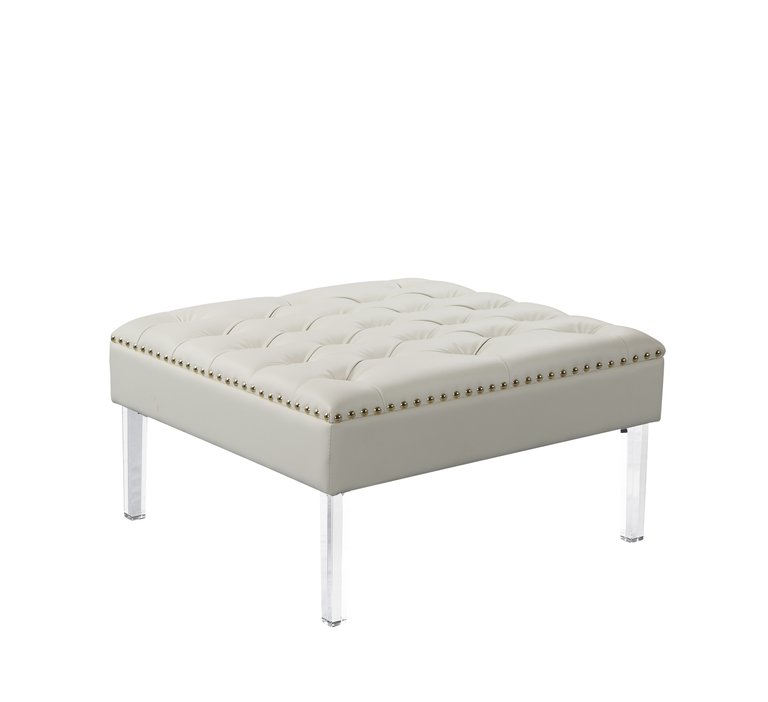 Pierre Square Ottoman Center Table Button Tufted PU Leather Upholstered Acrylic Legs, Modern Transitional - White
