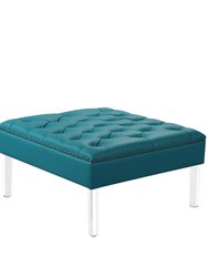 Pierre Square Ottoman Center Table Button Tufted PU Leather Upholstered Acrylic Legs, Modern Transitional - Aqua