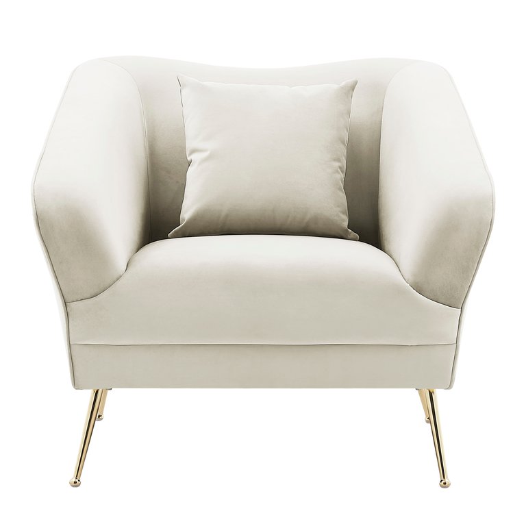 Potter Club Chair Velvet Upholstered Tight Seat Back Design Flared Gold Tone Metal Legs With Decorative Pillow, Modern Contemporary - Beige